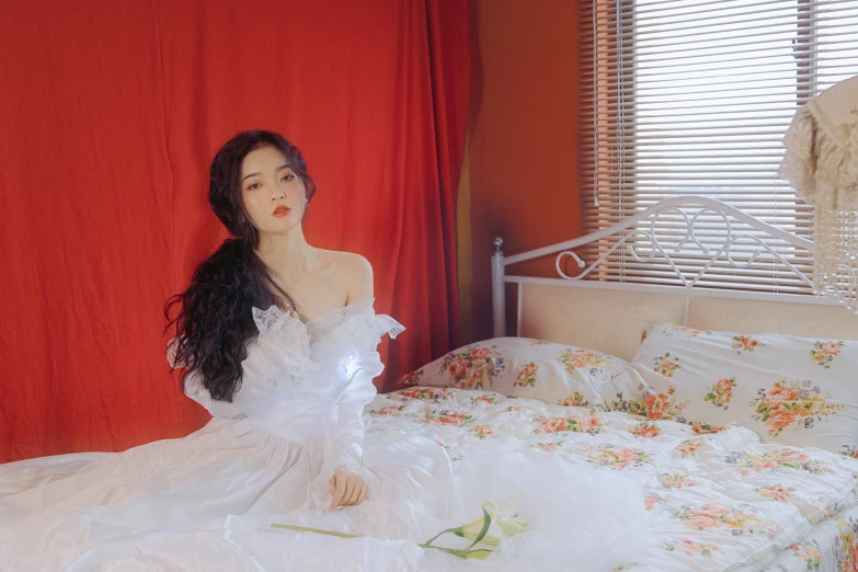 a woman in a white dress sitting on a bed, an album cover, inspired by Chen Yifei, tumblr, high quality photo, red velvet, [32k hd]^10, glossy photo