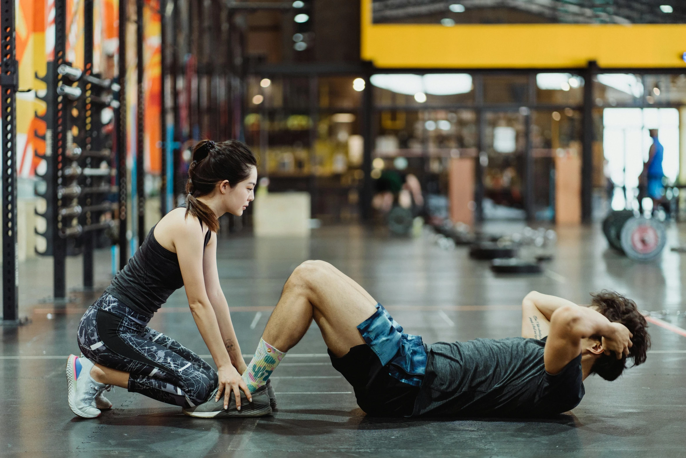 a man and a woman doing push ups in a gym, by Emma Andijewska, hurufiyya, ruan jia and brom, wētā fx, full body image, hoang lap