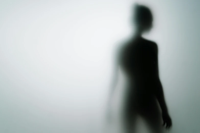 a silhouette of a person standing in a foggy room, inspired by Katia Chausheva, unsplash, neo-figurative, gray alien, very blurry, female humanoid creature, silhouette :7