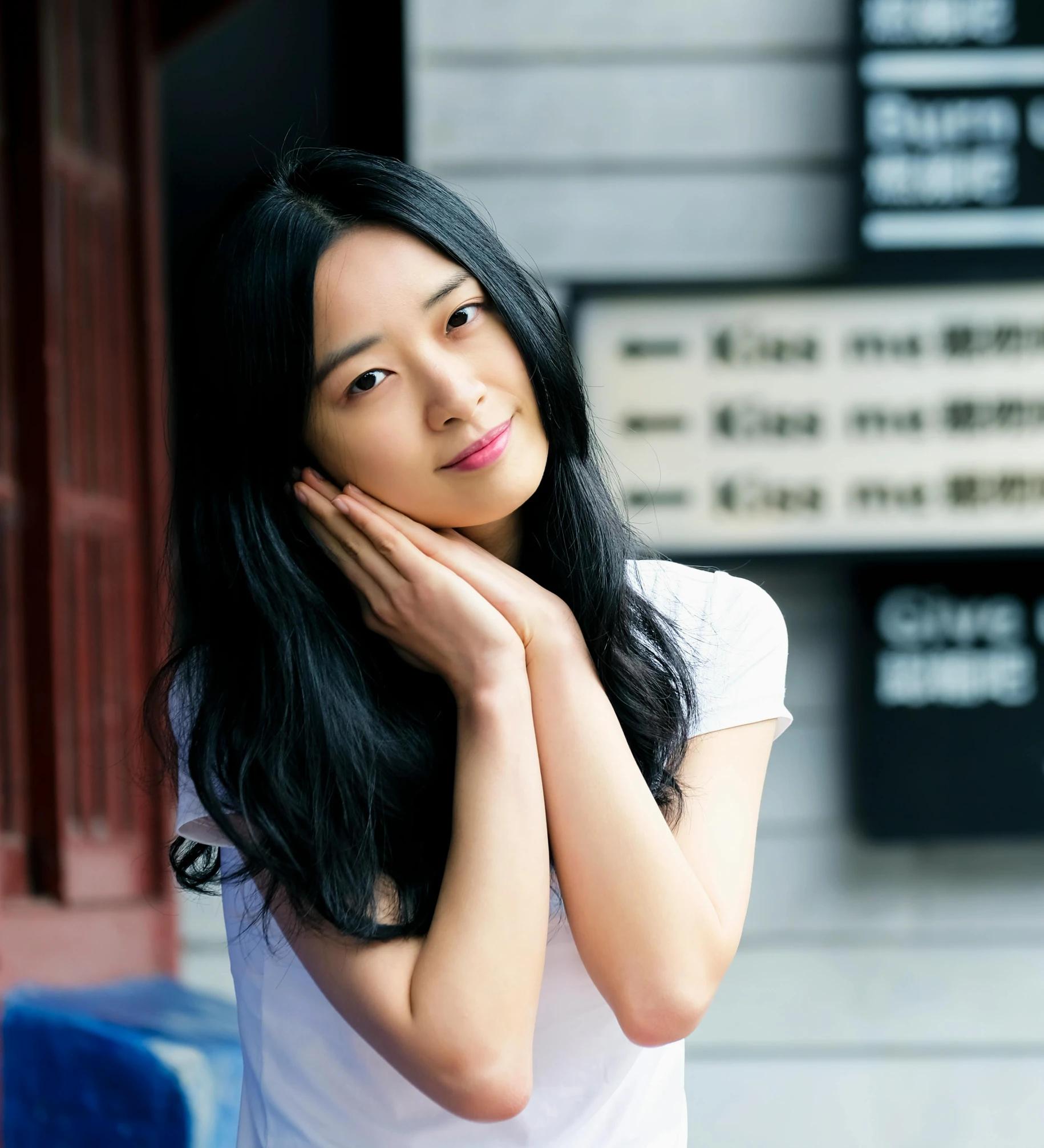 a woman with long black hair posing for a picture, pexels contest winner, shin hanga, young adorable korean face, with white, postprocessed), pick wu