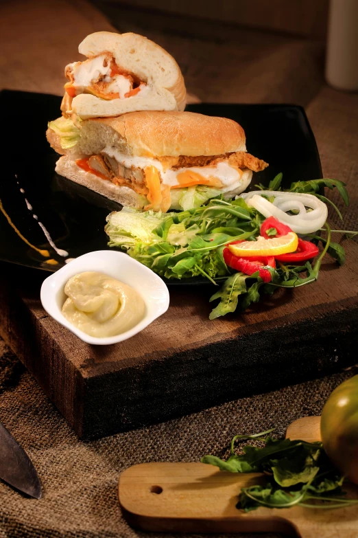 a sandwich sitting on top of a wooden cutting board, by Andries Stock, renaissance, on a wooden tray, bolero, colombian, (night)