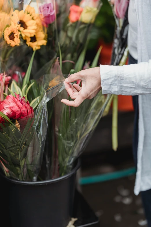 a close up of a person holding a bunch of flowers, market setting, inspect in inventory image, small features, without text