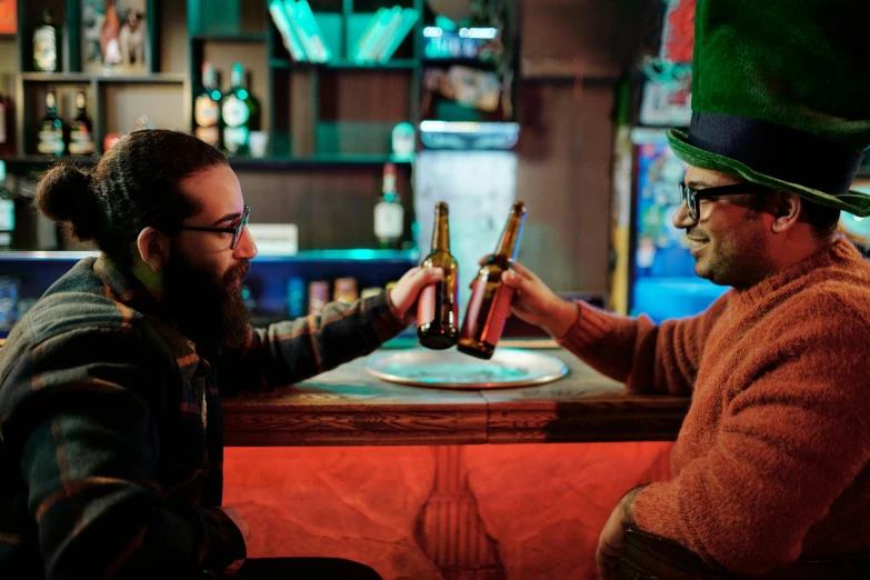 a couple of men sitting next to each other at a bar, pexels, symbolism, red and green hour, hipster dad, celebrating, avatar image