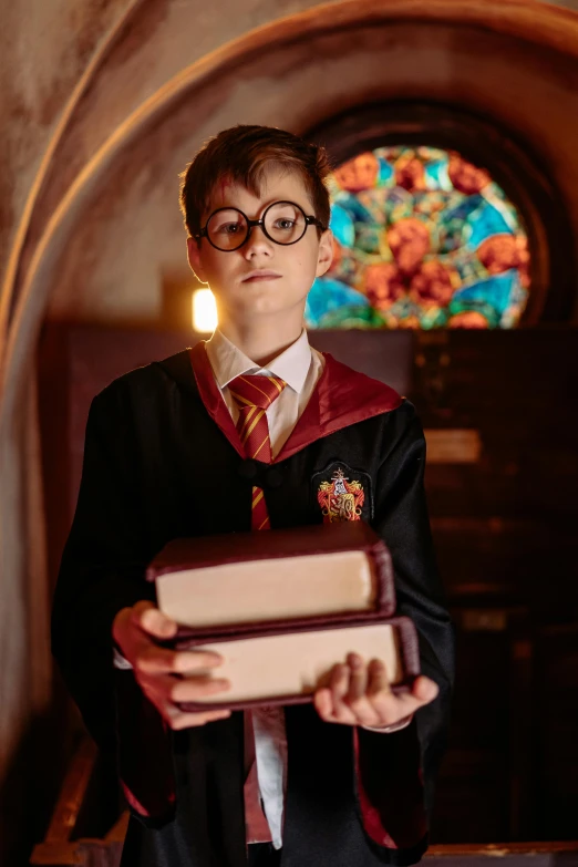 a boy in a harry potter costume holding a book, a portrait, inspired by Fuller Potter, pexels, happening, standing in a church, resin, spectacles, 240p