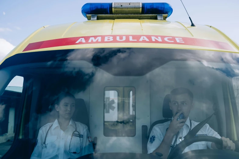 two people sitting in the driver's seat of an ambulance, unsplash, hyperrealism, avatar image