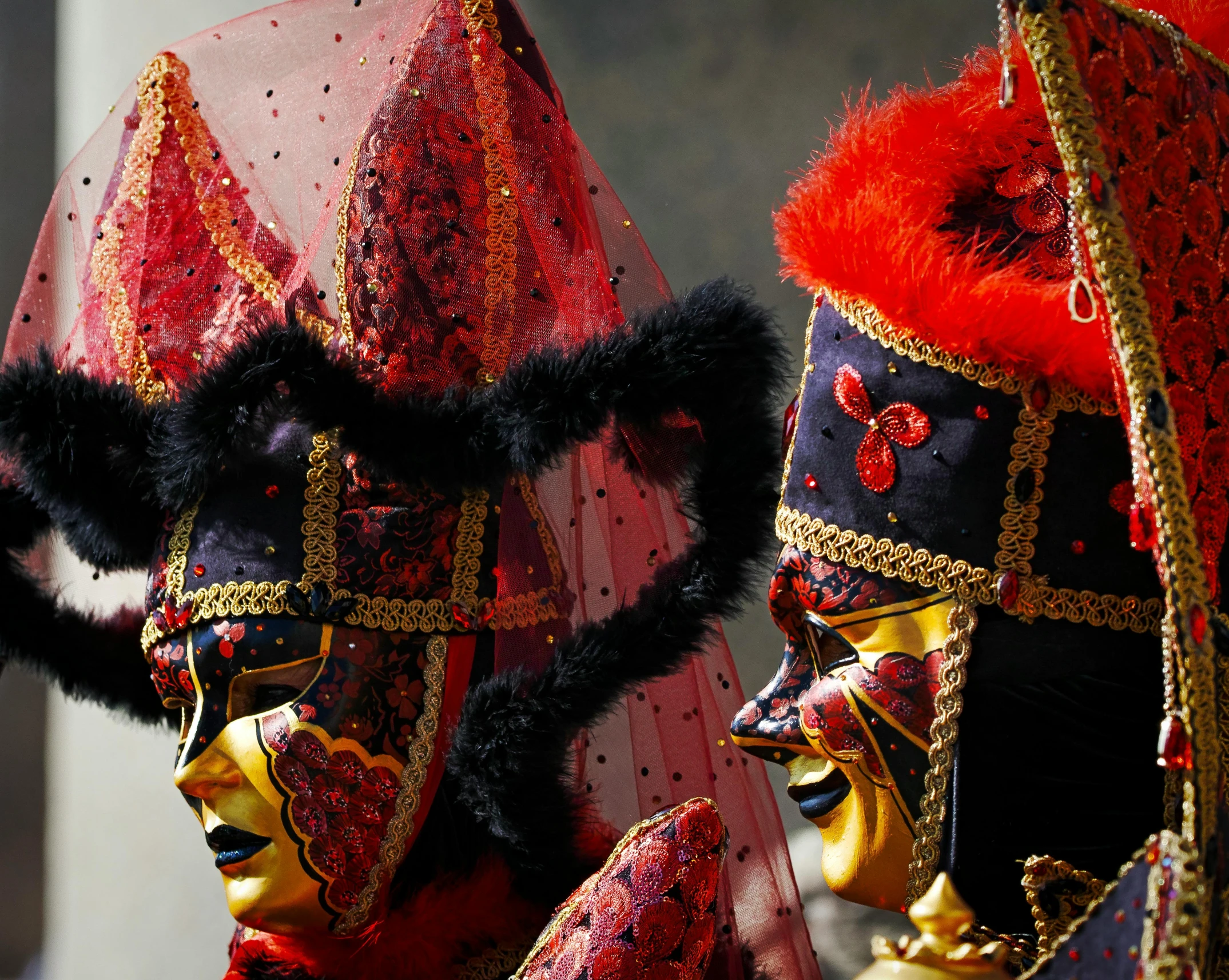 a couple of people that are standing next to each other, pexels contest winner, baroque, jester hat, red - black, square, venetian glass