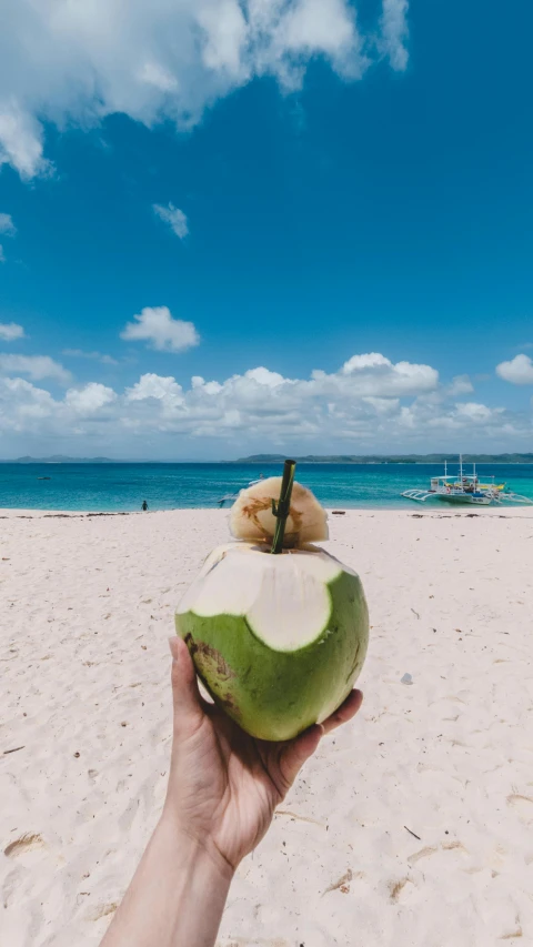 a person holding a coconut on a beach, instagram post, philippines, background image, 🍸🍋