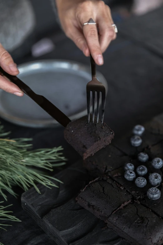 a person cutting a piece of chocolate cake with a fork, inspired by Louisa Matthíasdóttir, unsplash, detailed product image, black fir, indigo, made of smooth black goo