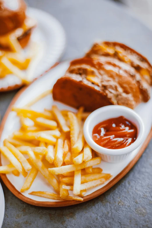 a plate of french fries and a hot dog with ketchup, a still life, unsplash, with bread in the slots, woodfired, striped, bread