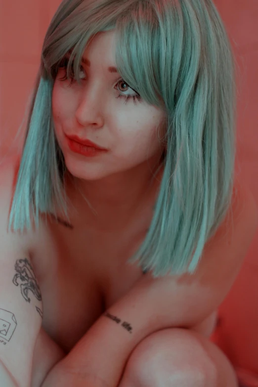 a woman with blue hair sitting on a bed, a colorized photo, inspired by Elsa Bleda, reddit, hurufiyya, green body. red eyes, y 2 k cutecore clowncore, profile image, small breasts