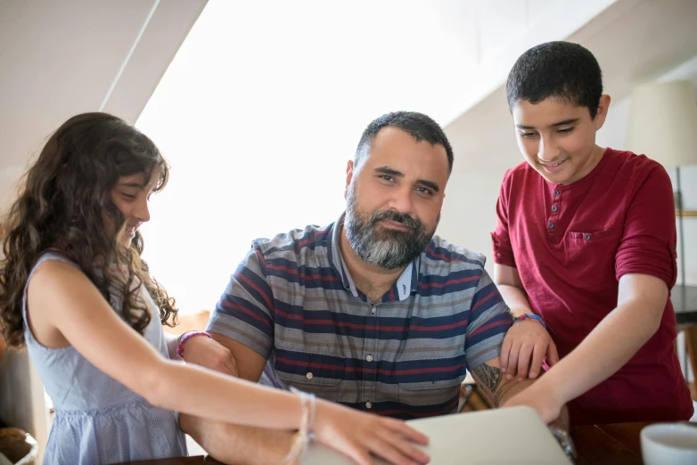 a man and two children looking at a laptop, pexels contest winner, ashcan school, assyrian, avatar image, full frame image