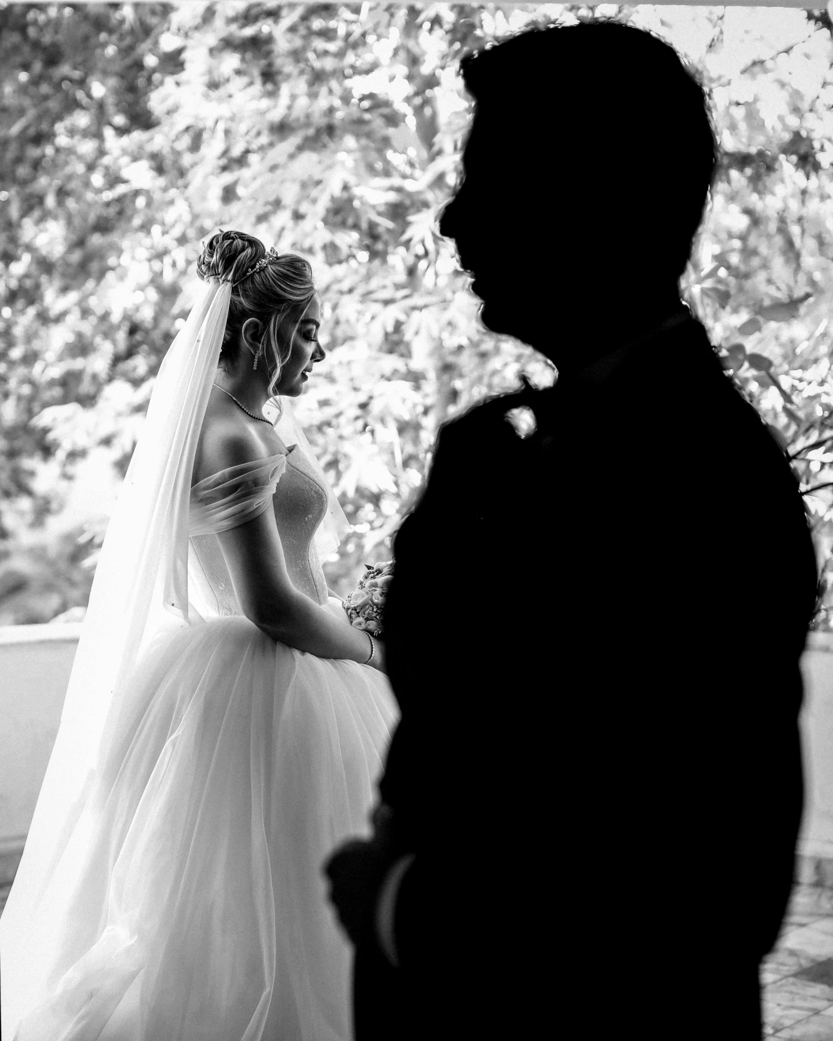 a black and white photo of a bride and groom, by Lucia Peka, pexels contest winner, romanticism, princess in foreground, silhouette!!!, photo of the girl, looking from shoulder