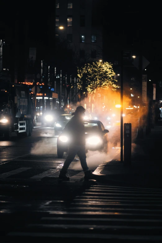 a person crossing a city street at night, burnout, clean streets, brilliant cold lighting, pollution