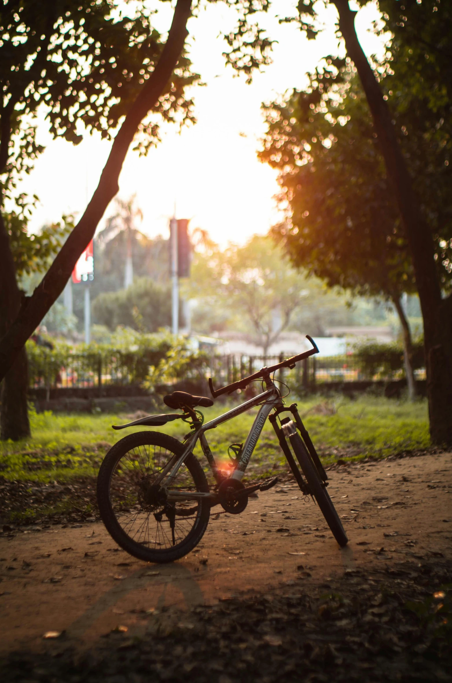 a bicycle parked on the side of a dirt road, in a city park, guwahati, golden hour photograph, album