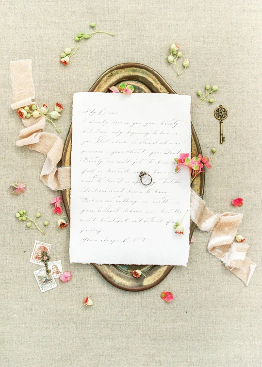 a wedding ring sitting on top of a piece of paper, inspired by Eugène Isabey, romanticism, flatlay, made of silk paper, rosa bonheurn, with some hand written letters