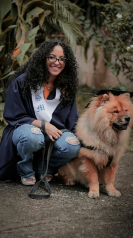 a woman sitting next to a dog on a leash, pexels contest winner, renaissance, wearing an academic gown, in sao paulo, navy, ameera al-taweel