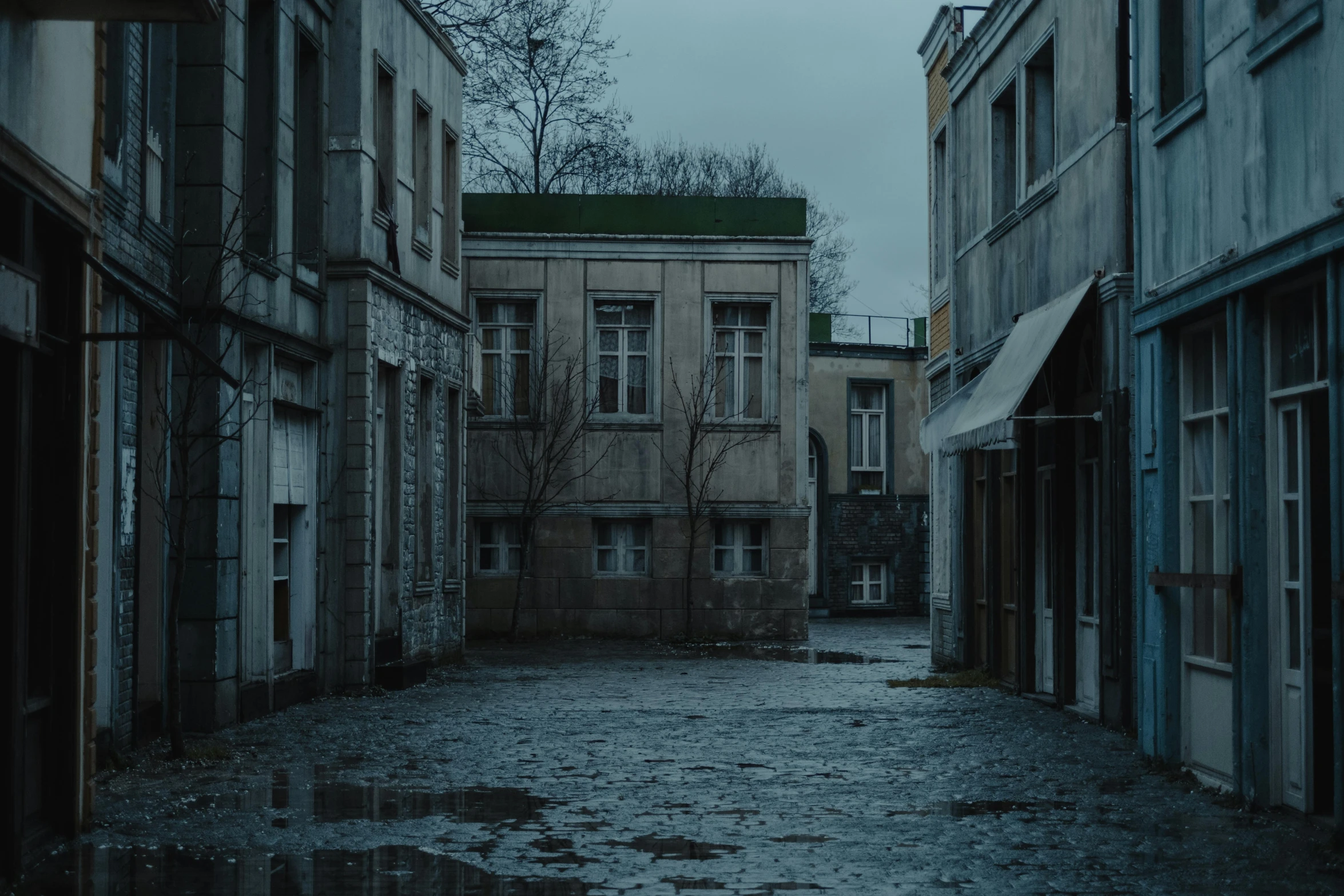 there is a puddle of water in the middle of the street, a matte painting, inspired by Elsa Bleda, pexels contest winner, renaissance, film still from a horror movie, post - soviet courtyard, gloomy background, taken in the early 2020s