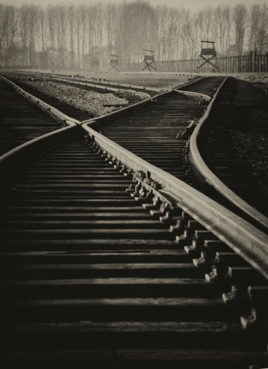 a black and white photo of a train track, a black and white photo, by Lucia Peka, surrealism, hasselblad photograph, auschwitz camp, 'untitled 9 ', dirk dzimirsky
