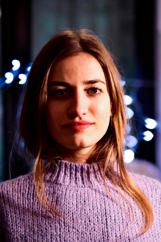 a close up of a person wearing a sweater, a portrait, by Lucia Peka, pexels contest winner, twitch streamer, many lights, olya bossak, ((portrait))