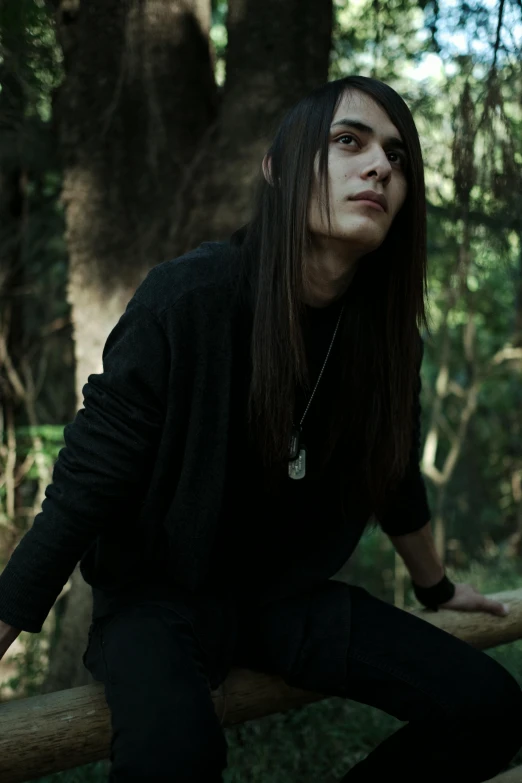 a woman sitting on a log in the woods, an album cover, inspired by Jorge Jacinto, renaissance, handsome japanese demon boy, still frame from a movie, with long dark hair, **cinematic