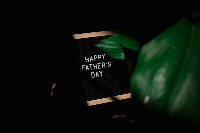 a black board with the words happy father's day written on it, by Julia Pishtar, pexels contest winner, hurufiyya, dark green leaves, 1 6 x 1 6, profile picture, indoor picture