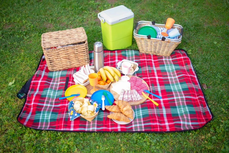 a picnic blanket sitting on top of a lush green field, various items, glasgow, cuisine, fully decorated