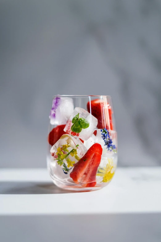 a glass filled with ice cubes and strawberries, a still life, unsplash, made of fruit and flowers, 3/4 side view, handcrafted, glacier