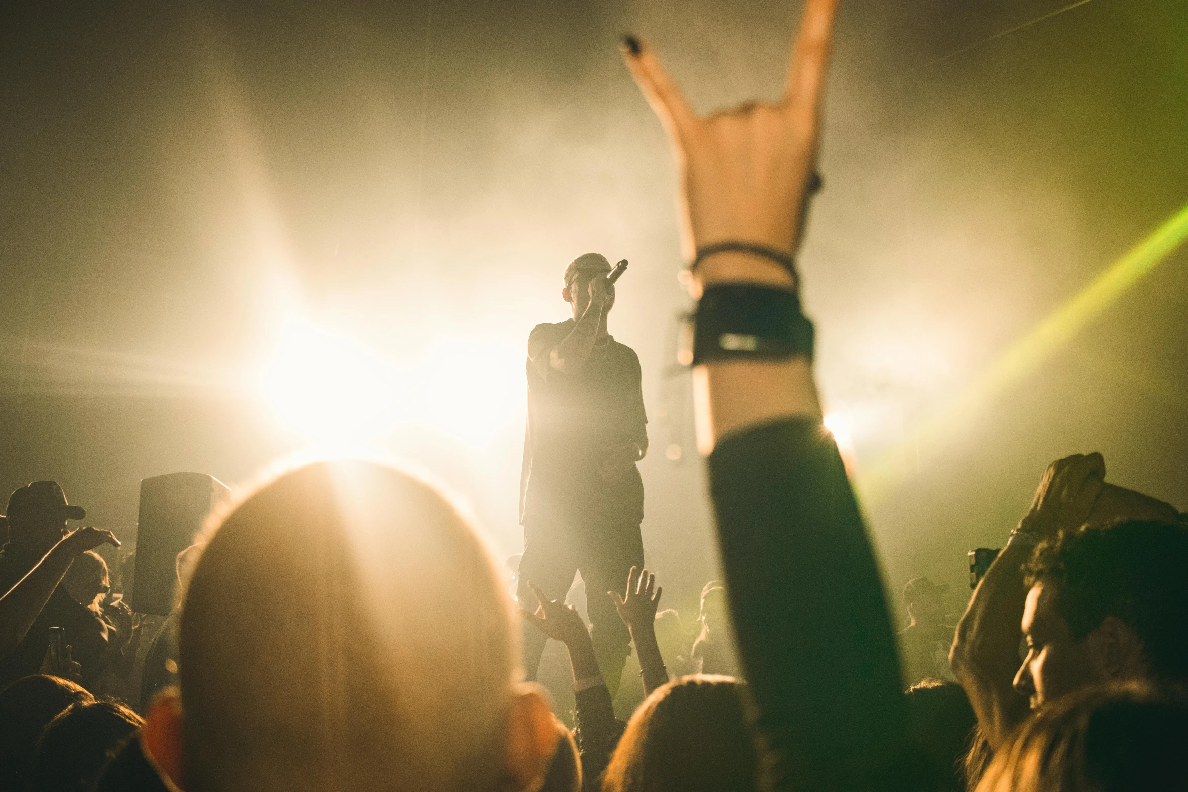 a group of people standing on top of a stage, by Niko Henrichon, pexels contest winner, lil peep, middle finger, photo of a man, proto-metal concert