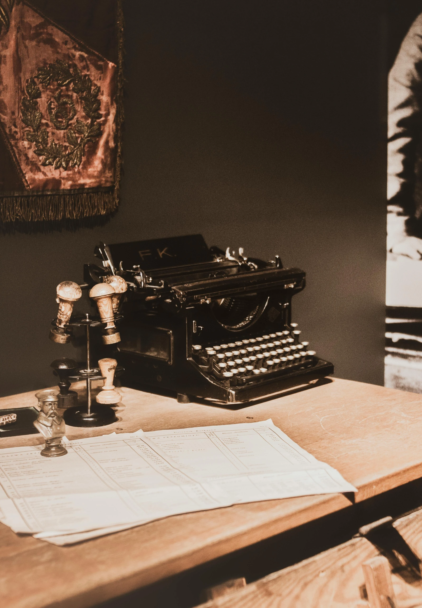 an old typewriter sitting on top of a wooden table, poster art, by Adam Szentpétery, unsplash, private press, 1 9 2 0 s room, berenice abbott & john j. park, thumbnail, multiple stories