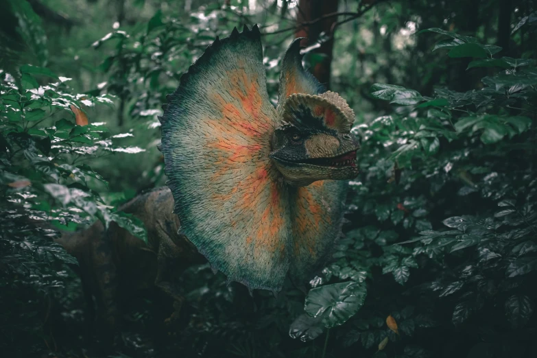 a close up of a dinosaur in a forest, a colorized photo, by Adam Marczyński, unsplash contest winner, sumatraism, cinematic outfit photo, dragon scales across hairline, on a gray background, carnivorous plant