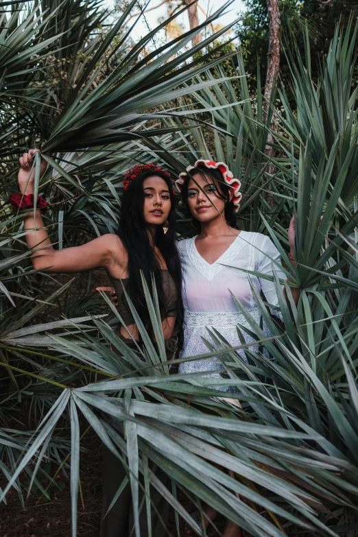 a couple of women standing next to each other, an album cover, unsplash, renaissance, exotic flora, latinas, fronds, low quality photo