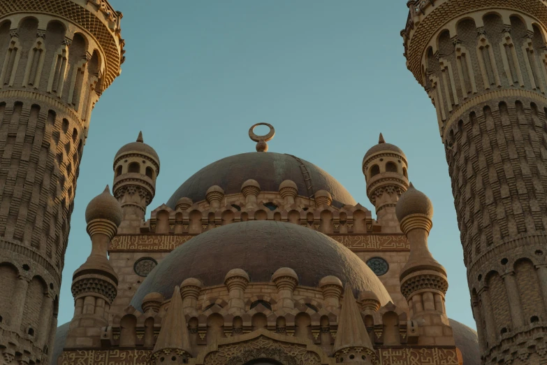 a very tall building with a clock on top of it, an album cover, by Ahmed Yacoubi, pexels contest winner, art nouveau, domes, moorish architecture, two towers, view from the ground