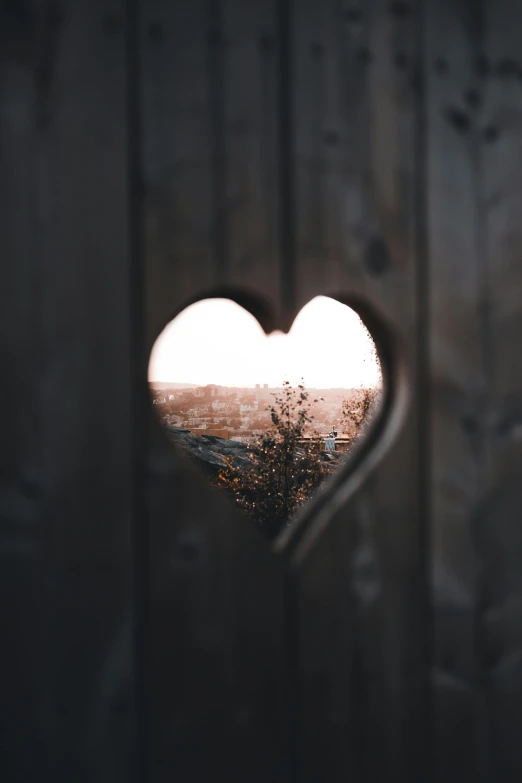 a heart shaped hole in a wooden fence, a picture, by Jacob Toorenvliet, pexels contest winner, looking out open window, softly - lit, neighborhood, february)