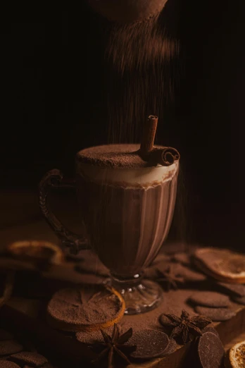 a person sprinkling sugar on a cup of hot chocolate, pexels contest winner, renaissance, cocktail in an engraved glass, studio lit, half moon, thumbnail