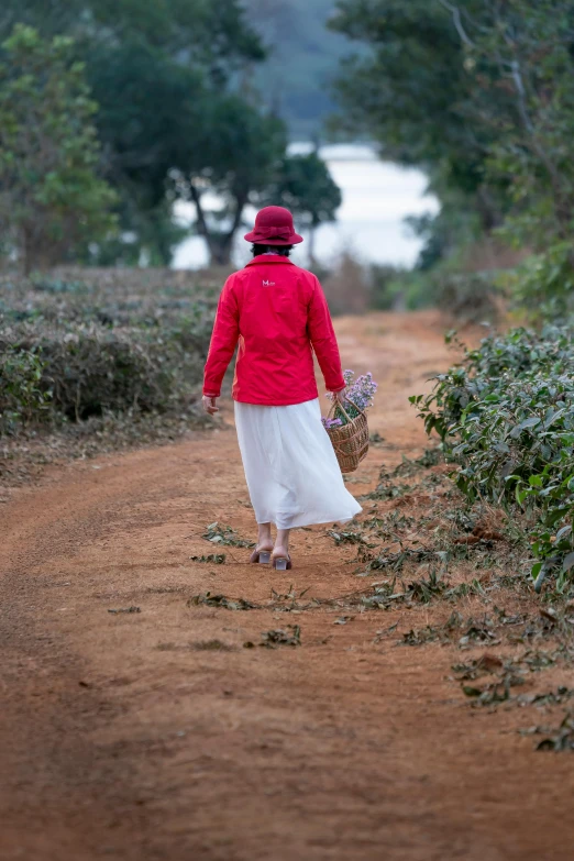 a woman walking down a dirt road carrying a basket, tea, crimson themed, shot with sony alpha, no crop