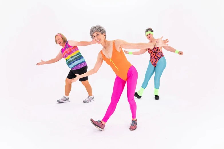 a group of women doing zumba zumba zumba zumba zumba zumba zumba zumba zumba zumba zumba zu, an album cover, by Pamela Drew, pexels, kitsch movement, she is about 7 0 years old, set against a white background, lycra costume, photograph of three ravers