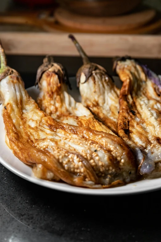a close up of a plate of food on a table, long flowing fins, eggplant, open synthetic maw, woodfired