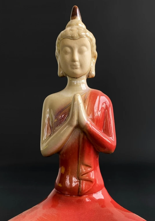 a close up of a statue of a person, pink zen style, glazed ceramic, 1960s, with red haze