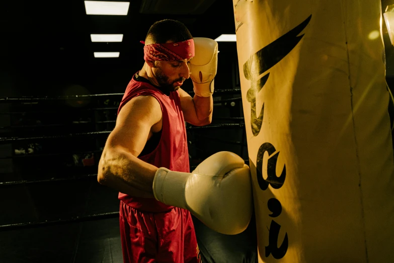 a man standing next to a punching bag, pexels contest winner, red oval turban, shia labeouf, in an action pose, profile image