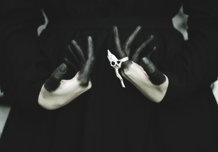 a person with black gloves and a skull on their hands, an album cover, inspired by Mathieu Le Nain, unsplash, gothic art, nun outfit, hands that are fox - paws, listing image, dark and white