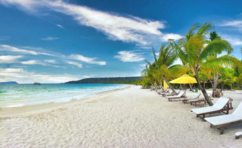 a row of lounge chairs sitting on top of a sandy beach, yellow parasol, white beaches, tropical trees, beside the sea