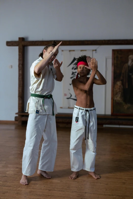 a couple of men standing on top of a wooden floor, inspired by Baiōken Eishun, unsplash, shin hanga, karate pose, brazil, low quality photo, teaching
