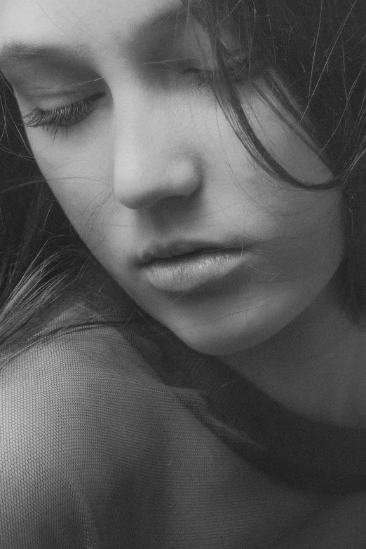 a black and white photo of a woman with long hair, inspired by Max Dupain, tumblr, photorealism, closeup shot of face, thoughtful ), soft chin, closeup!!!!!