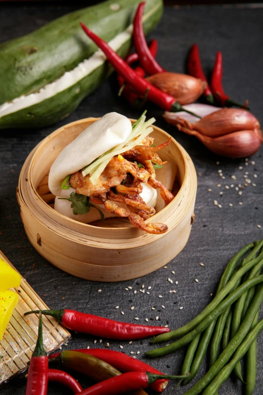 a wooden container filled with food on top of a table, inspired by Mi Fu, shutterstock, bao phan, prawn, square, 15081959 21121991 01012000 4k