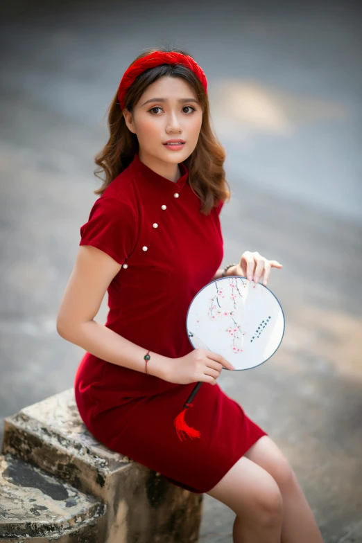 a woman in a red dress holding a clock, inspired by Jiang Tingxi, korean women's fashion model, maroon and white, taken in 2 0 2 0, 15081959 21121991 01012000 4k