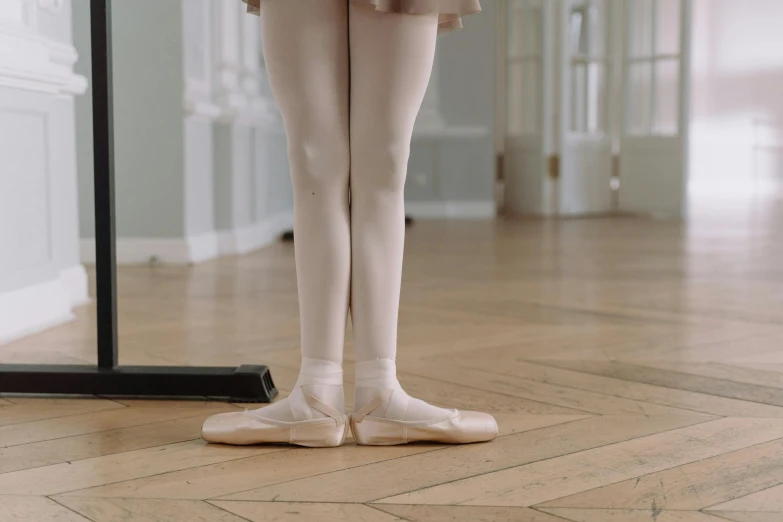 a ballerina standing in front of a mirror, trending on pexels, arabesque, slippers, ground - level medium shot, very pale, standing on a desk