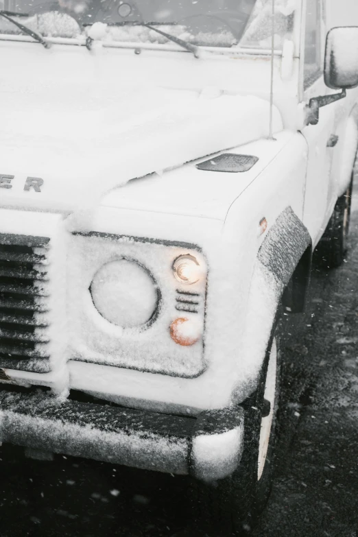 a white truck is parked in the snow, an album cover, by Daniel Seghers, pexels contest winner, renaissance, land rover defender 110 (1985), low detail, icy eyes, gpus go brrr