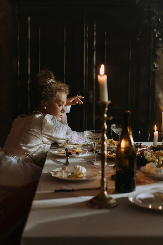 a couple of people that are sitting at a table, an album cover, inspired by Jan Lievens, pexels contest winner, rococo, cinematic outfit photo, dinner is served, victorian lady, white candles