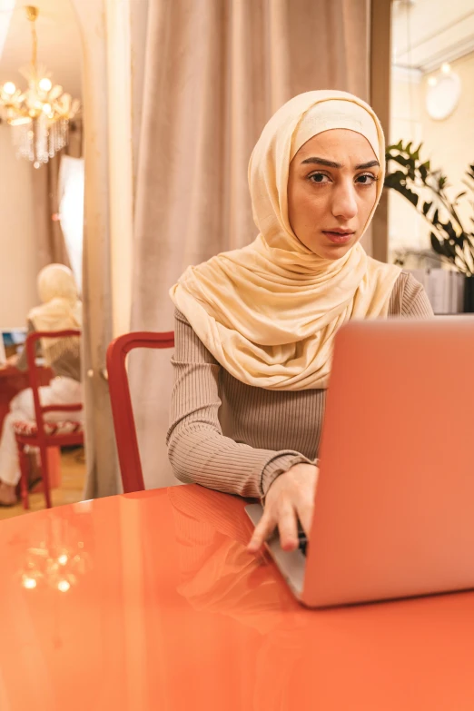 a woman sitting at a table using a laptop computer, inspired by Maryam Hashemi, hurufiyya, looking confused, lgbtq, arab inspired, medium-shot