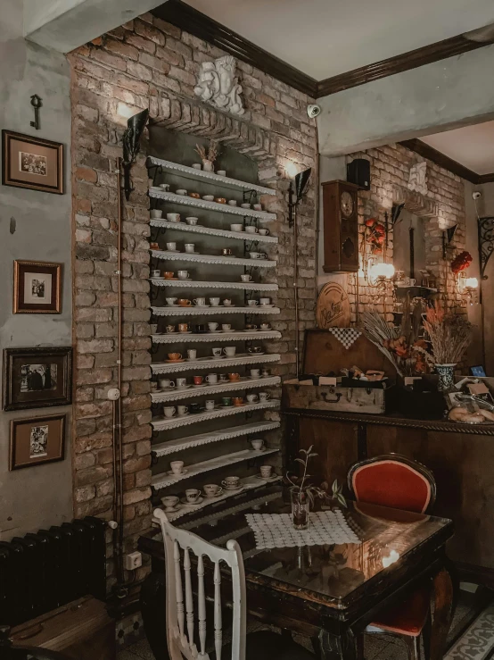 a table and chairs in a room with a brick wall, a photo, pexels contest winner, art nouveau, large sweet jars on shelves, restaurant menu photo, designed for cozy aesthetics!, romanian